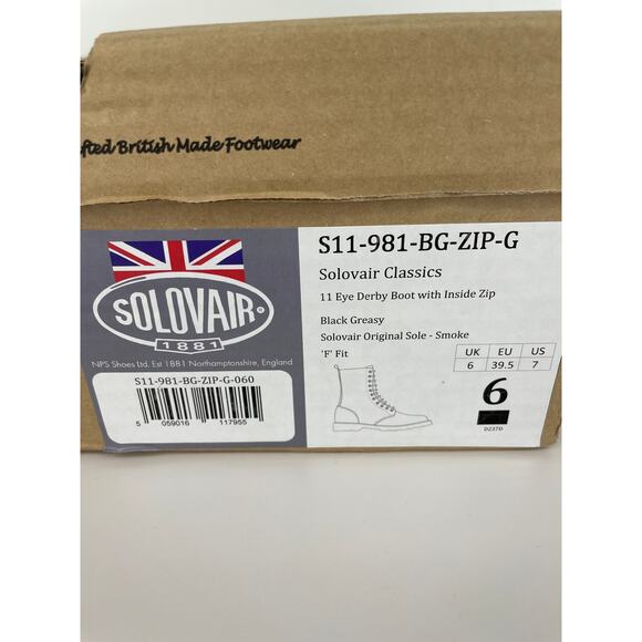 Solovair 11-Eye Derby Boot Inside Zip Black Womens 8 Mens 7 - Picture 2 of 15